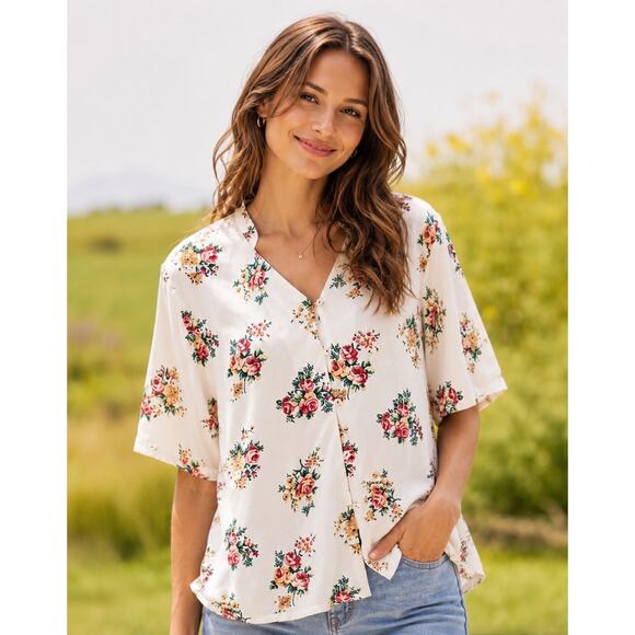 April Cornell Tops - April Cornell Estella Floral Blouse Rayon Lace Collar Boho Medium CottageCore